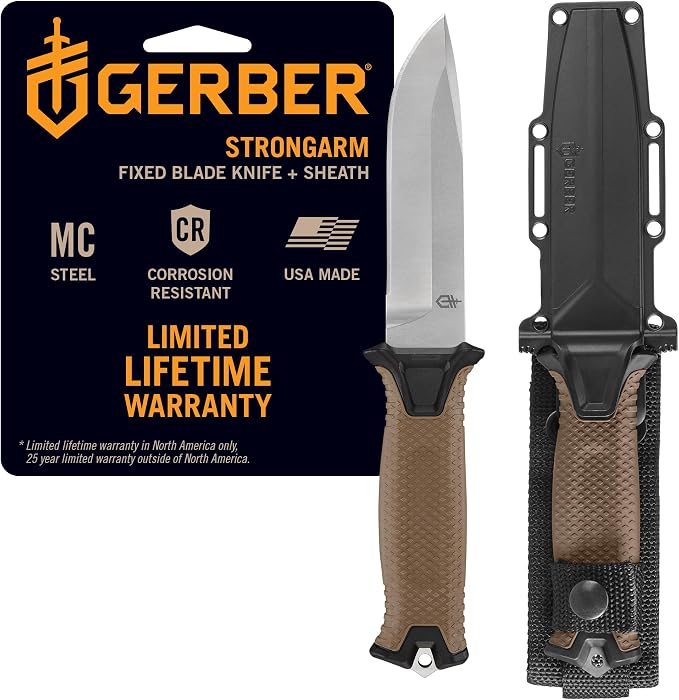 Gerber Gear StrongArm Magnacut - Fixed Blade Survival Tactical Knife for Camping, Outdoor, Hunting - Ergonomic Utility Tool with Sheath - Made in USA - Coyote Brown, Plain Edge