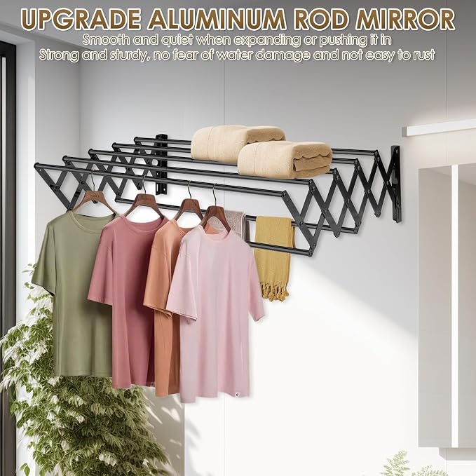 XL-31.5" Wall Clothes Drying Rack, Retractable Mounted Rack Black | 7 stainless rods, staggered for faster drying. Rustproof. Expands to 25.6"D. Folds flat for storage. Mounting hardware.