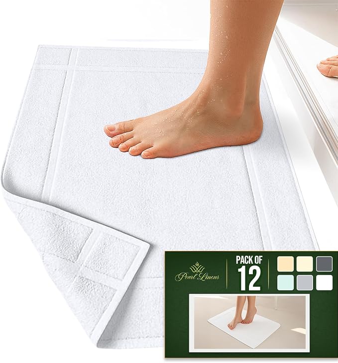 Pearl Linens Pack of 12 100% Cotton Bath Mat 18x25 inches, Soft & Absorbent Quick Dry Bathroom Mat Set, Not Bathroom Rugs, After Shower Mat, Bath Tub Mat, 781 GSM, Machine Washable, White
