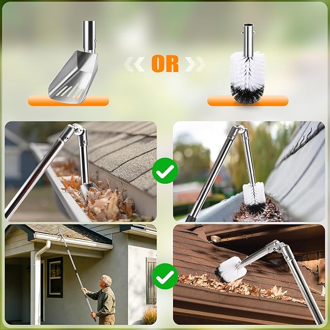 Gutter Cleaning Tools from The Ground, 6.4FT Gutter Scoop with Extension Pole & Gutter Cleaning Brush – Clean Gutters Safely, Easily Remove Leaves & Debris (Silvery)