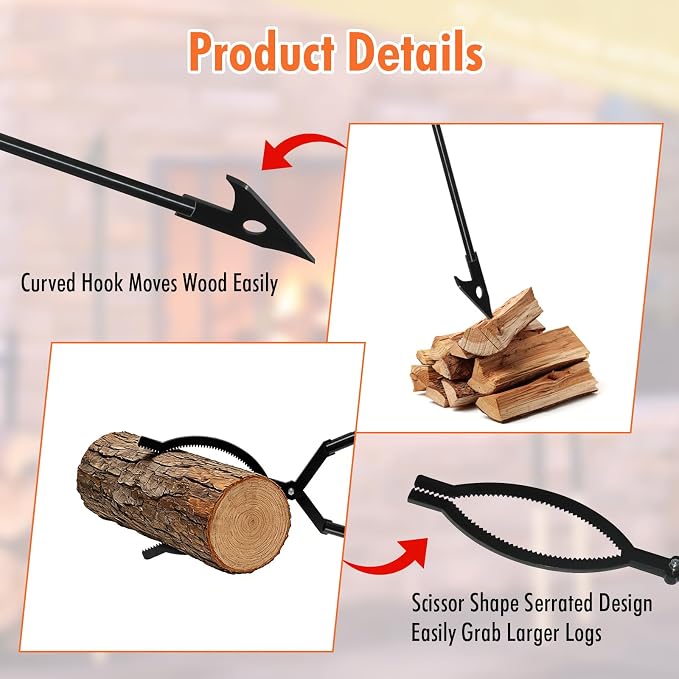 42 Inch Detachable Fire Tongs and Poker Set with Carrying Bag | Heavy Duty Fire Pit Tools, Log Grabber for Indoor Outdoor Use, Perfect for Fireplace, Fire Pit, Campfire, Wood Burning Stove