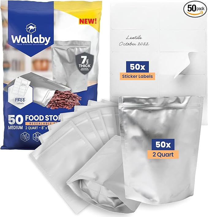 Wallaby 50 Count 2-Quart Gusset Mylar Bags with Labels, 14 Mil Total Thickness Long-Term Food Storage Pouches, 12x8 Stand-Up Zipper Heat-Sealable Airtight Packaging - Silver