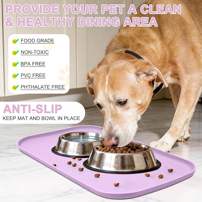 SMILOOL Waterproof Silicone Pet Food Mat with Raised Edge for Dog & Cat | 19" x 12" Non-Slip Pet Feeding Mats with Lip for Food & Water Bowl, Food Grade, Easy Cleaning, Lavender