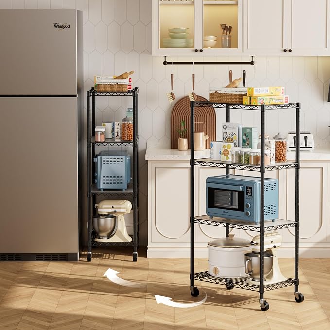 Golpart 4 Tier Shelves Storage Shelf Wire Closet Bathroom Organizers Metal Pantry Kitchen Garage Shelving Unit Laundry Room Organization Home Rack Net Basket Black with Wheels 14”D X 24”W X 48.9”H
