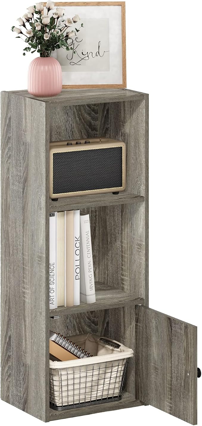 Furinno LUDER Book Shelf, 3-Tier Modern Bookshelf, Bookcase with 1 Door Storage Cabinet, 9.3 x 12 x 31.5, for Organization and Storage, for Living Room, Bedroom, Home Office, French Oak