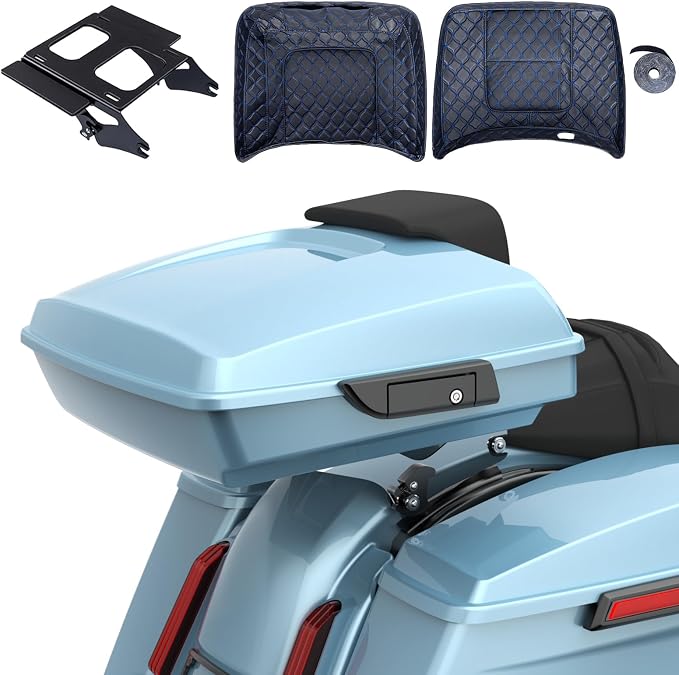 Advanblack 2024 Road Glide Razor Tour Trunk Pack Compatible with Road King FLHR Street Glide FLHX Road Electra Glide 2014-2025 Mounting Rack, Backrest & Stitching Liners (Sharkskin Blue)