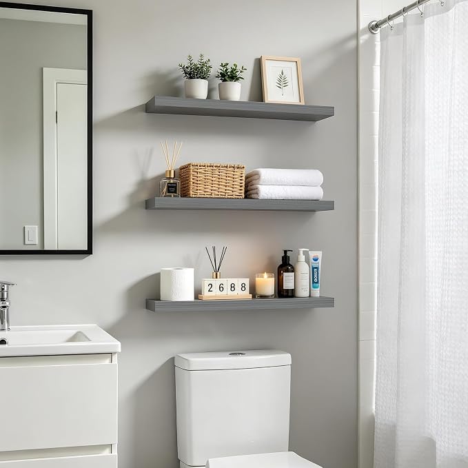 BAYKA Grey Floating Shelves for Wall, Set of 3, 22.5 inch Wall Mounted Shelf for Bedroom, Living Room, Kitchen – Wood with Hidden Metal Brackets, 22LBS Capacity – Storage for Books, Plants, Decor