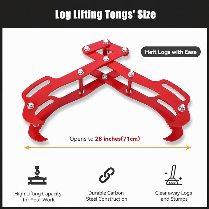 28 in Log Lifting Tongs with 4 Claw, Heavy Duty Steel Logging Tool Grabbler, Anti-Slip Dragging Tongs, Lumber Skidding Grabber for Tractors, Trucks, Firewood, Lumber