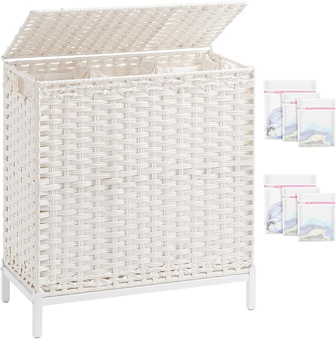 SETVSON Laundry Hamper with Lid, Large 132L Rattan Basket, White | 3-Section Large 35 Gal Clothes Hamper, 3 Removable Bags, Heightened Metal Feet, 6 Mesh Laundry Bags, Steel Frame