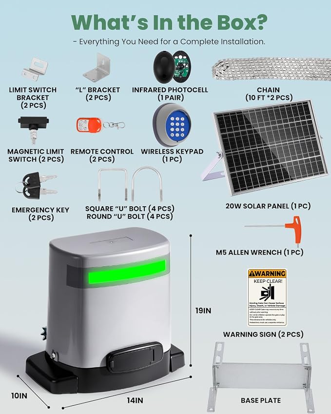 1300lb Sliding Gate Opener with Chain Drive & Solar Panel, WiFi/App & Keypad & Remote Control, Built-in Backup Battery & Infrared Safety Sensor - Complete Automatic Motor Kit for 40ft Gates