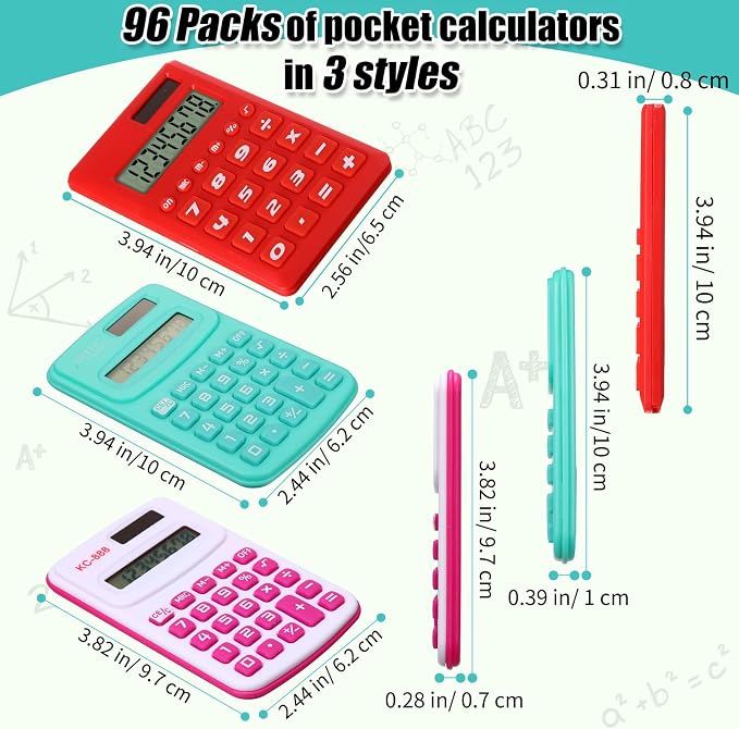 Yunsailing 96 Pcs Pocket Calculators Bulk Mini 8 Digit Handheld Calculator Small Basic Standard Calculator for Students Kids Teachers School Desktop Home Office, 3 Designs (Classic)