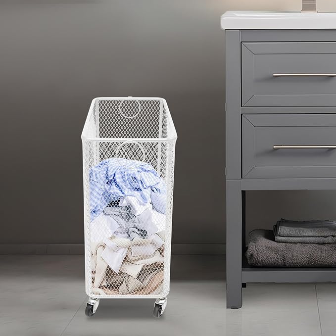 Laundry Basket, Large Rolling Fashion Laundry Basket, Dirty Clothes Hamper Cart with Wheels Metal Dorm Room Essentials for Laundry Room, Balcony, Bathroom, Bedroom, Kitchen (White, Rectangular)