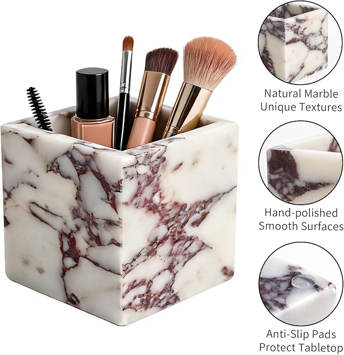 Natural Marble Makeup Brush Holder for Vanity, Marble Toothbrush Holder for Bathroom, Luxurious Countertop Organizer, Calacatta Viola Bathroom Accessories Square