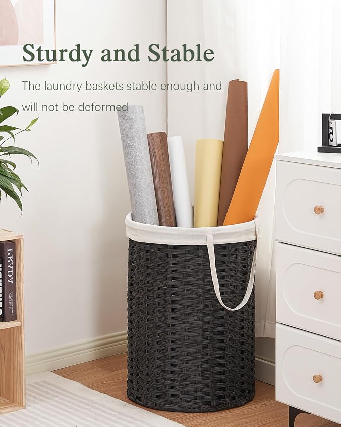 SETVSON Laundry Basket Round Rattan Laundry Hamper 29.1 Gal(110 L) Handwoven Large Wicker Basket with Handles, Wicker Hamper with Removable Bags and 2 Mesh Bags for Bathroom Living Room Black(No Lid)