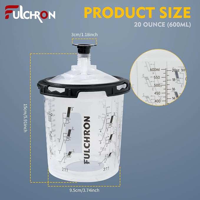 Disposable Paint Cups For Spray Gun, 20oz 125-Micron Mixing Cup With Lids | Fulchron 50PCS Paint Cup Liners with Lids, 2 Hard Cups & Adapters, Ideal for HVLP/LVLP Spray Gun 360° Spray & Less Cleanup