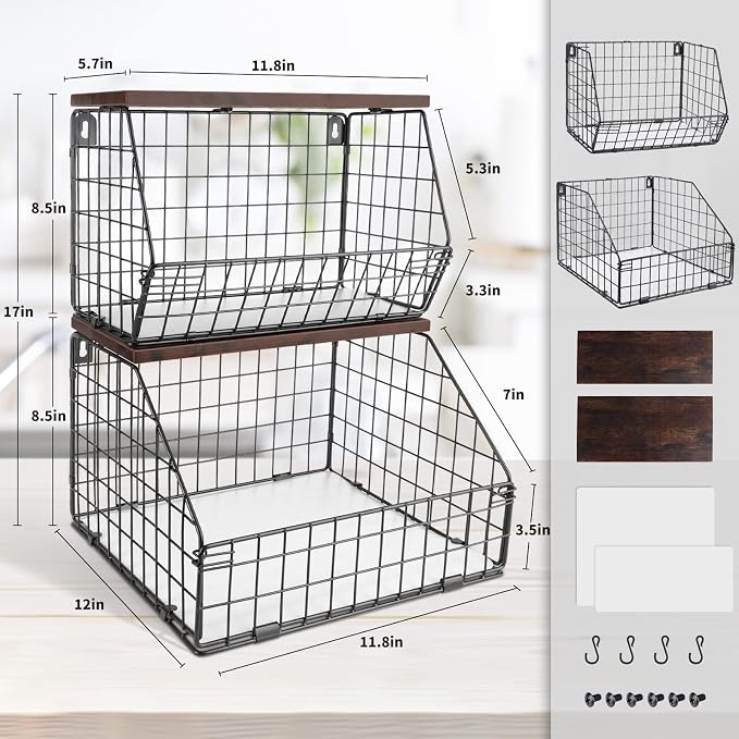 Mefirt Fruit Basket, Stackable Wall Mounted Fruit Baskets, Potato Baskets Onion Storage for Kitchen, Hanging Wire Basket with Wood Lid, 2-Tier Vegetable Organizer Kitchen Countertop Organization