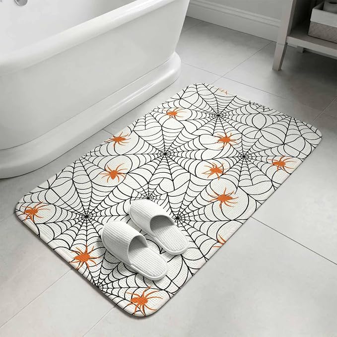 Halloween Bathroom Rugs Non Slip Washable Bath Mat Absorbent Low Pile Front Door Mat Black Net Classic Spiders Gingham Orange Indoor Doormat for Kitchen Entryway Shower Decor Accessories 31.5"x47.2"