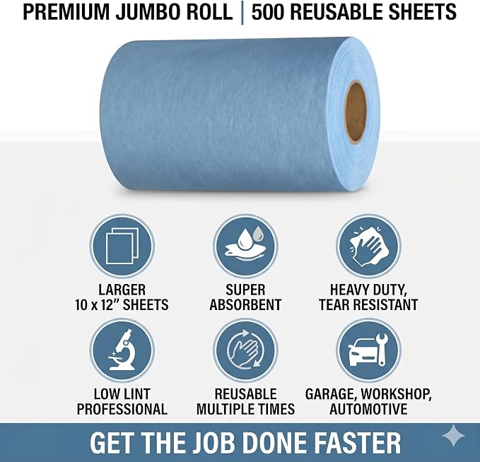 4 Rolls Industrial Cleaning Wipes Jumbo Roll, Heavy Duty Lint Free Shop Towels, Super Absorbent Reusable Cleaning Cloths for Garage Workshop Automotive, 500 Sheets 12"x 10" (Blue, 10"X12")