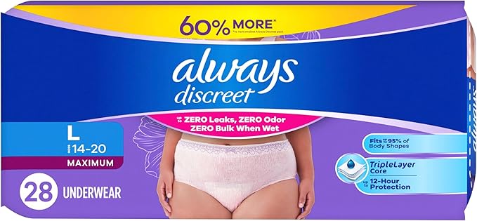 Always Discreet Adult Diapers for Women, Incontinence Underwear, Postpartum Essentials, Disposable Briefs, Max Absorbency, Bladder Leak Protection, Large, 28ct