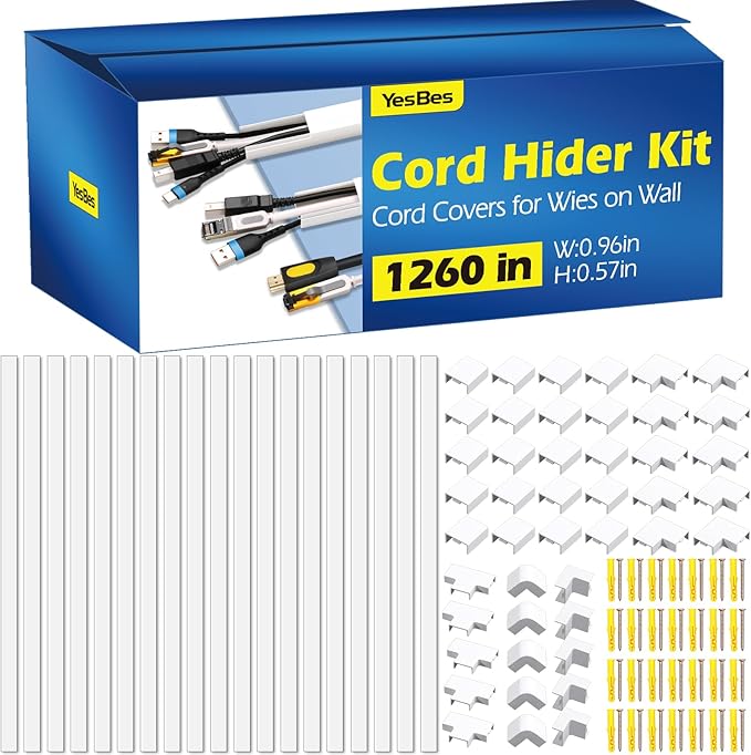 1260in Cord Hider Kit, Cord Covers for Wires on Wall, Paintable Cable Raceway, Cord Hider for Wall Mount tv, tv Cable Hider Wall kit, Wire Covers for Cords, 80X L15.75 X W0.96in X H0.57in, White