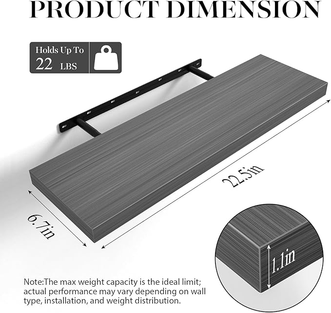 BAYKA Floating Shelves Grey, 22.5 inch Rustic Wood Wall Mounted Shelves for Bathroom, Bedroom, Living Room, Kitchen, Hanging Shelf for Books/Storage/Decor (Gray,Set of 2)