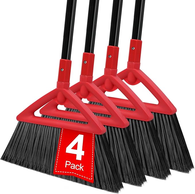Heavy Duty Angle Broom 4 Pack - Red Broom for Outdoor & Indoor, Garage, Driveway, Sidewalk, Kitchen & More, Long Handle