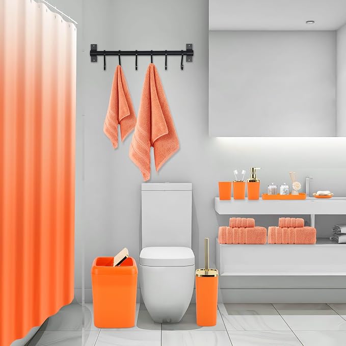 XLHOMO Orange Bathroom Accessories, 24 Pieces Orange and Gold Bathroom Accessories Set with Shower Curtain, Bath Towels, Trash Can, Soap Dispenser and Soap Dish for Bathroom/Housewarming