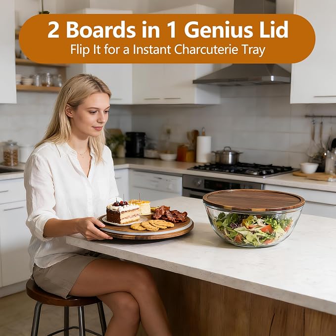 4.8QT Glass Salad Bowl Set, Lid Doubles as Charcuterie Board | 5-Piece Set, Utensils Included, Microwave Safe Glass, Dishwasher Safe, Airtight Lid, Perfect for Potlucks & Gifting