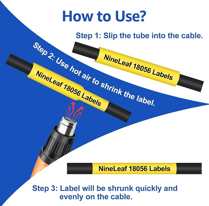 NineLeaf 5 Pack Compatible Labels Tape Replacement for Dymo 18056 1/2 inch Black on Yellow Heat Shrink Tube Labels 12mm x 1.5m for Wires and Cables Use in Rhino 4200 5200 5000 6000 3M Label Maker