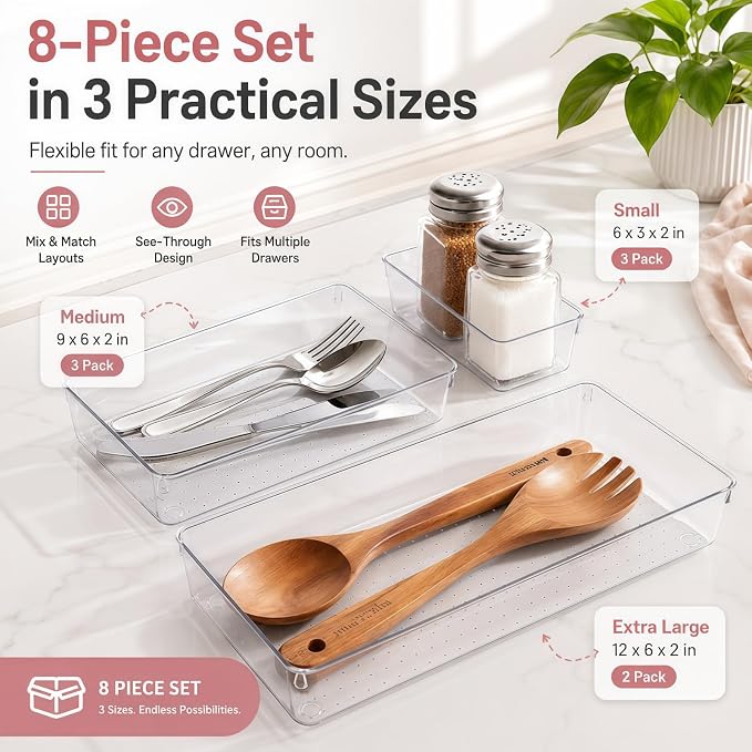 12 Pack Large Drawer Organizer Bins - Clear Plastic Bathroom Drawer Organizer Trays - Heavy Duty Kitchen Drawer Dividers for Utensils - Non-Slip Storage Bins for Makeup, Bedroom, Office Desk