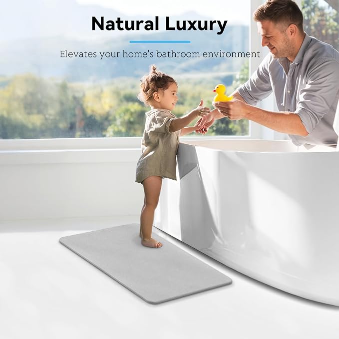 Stone Bath Mat, Dries Quickly, Non-Slip Diatomaceous Earth Bath Mats for Bathroom, Super Absorbent Stone Shower Mat, Easy to Clean, 23.5" x 15.5" Light Gray