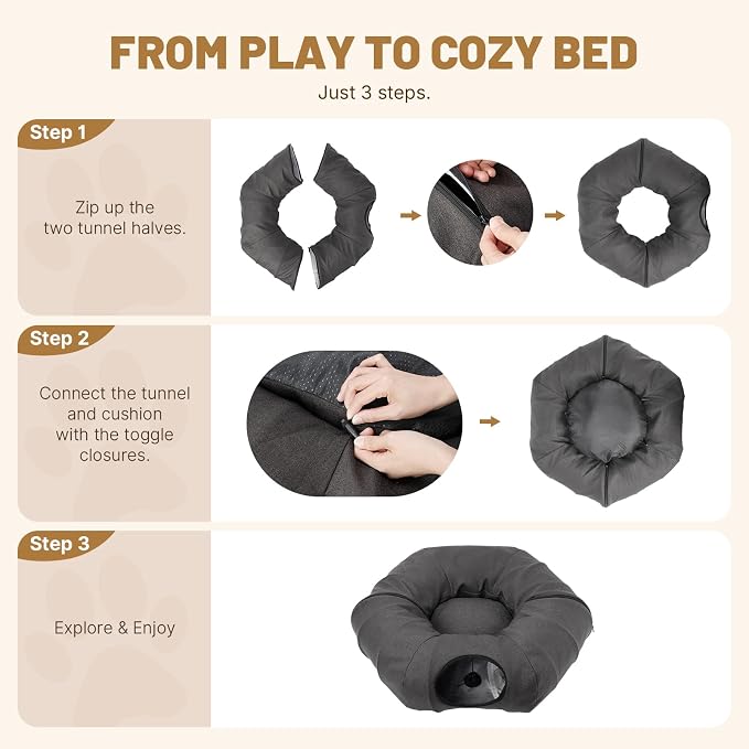 Cat Tunnel Bed for Indoor Cats, Cooling Natural Linen Cat Tunnel, Breathable 29.5in Kitten Toys Cat Tunnel with Washable Mat, Round Pet Tunnel for Kittens, Squirrels Dark Grey