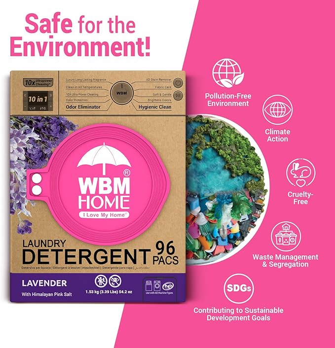 WBM 10-in-1 Laundry Pods with Softener & Scent Booster, 96 Count, High Efficiency (HE), Fabric Softener, Lavender Extracts, Stain Lifter, Eco-Friendly, Gentle, Fresh