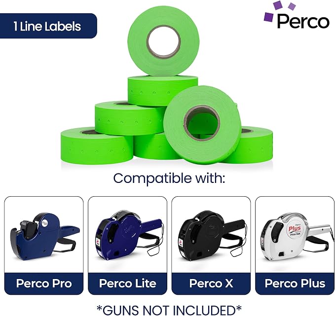Perco 1 Line Fluorescent Green Labels - 32,000 Blank Price and Date Gun Labels for Perco Lite, X, Plus and Pro 1 Line Price and Date Guns - 32 Rolls, 4 Sleeves - Made in USA