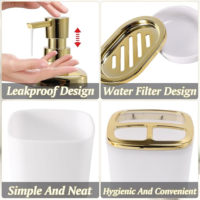XLHOMO Bathroom Accessories Set, 9 Pieces White Bathroom Set, Bathroom Accessory Set with Slim Trash Can,Soap Dispenser,Toilet Brush,Toothbrush Set, Qtip Holders for Housewarming