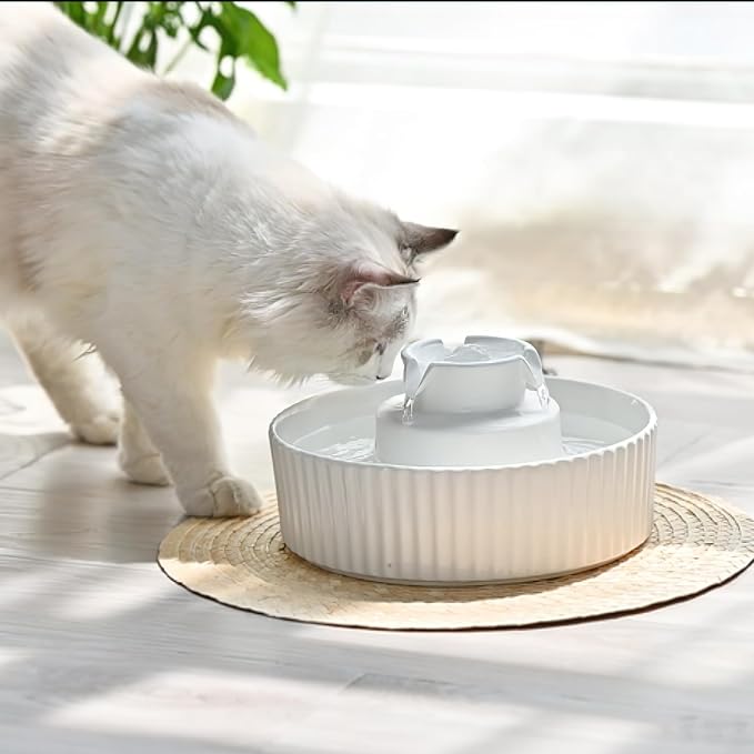 Cepheus Pet Drinking Fountain-2.1L/71oz Ceramic Cat Water Fountain-Automatic Ceramic Water Fountain for Cats and Dogs with with Ultra-Quiet Pump(White)