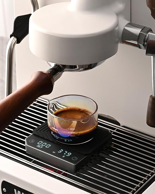 Espresso Scale with Timer - MUVNA Mini Coffee Scale 0.1g Precision Rechargeable, Metal Body Portable Digital Scale for Pour Over/Espresso with Flow Rate Display, Automatic Timing, Black