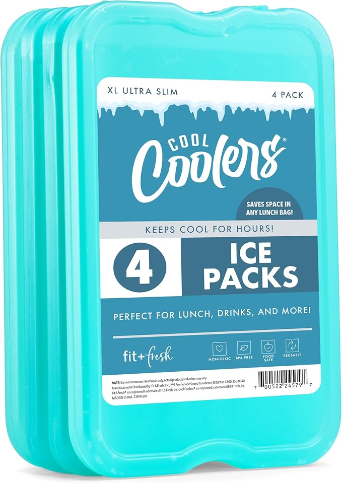 Cool Coolers by Fit & Fresh 4 Pack XL Slim Ice Packs, Quick Freeze Space Saving Reusable Ice Packs for Lunch Boxes or Coolers