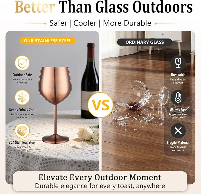 UNISWEET Unbreakable Stainless Steel Wine Glasses Set of 2, Red Copper | 17oz Unique Fancy Metal Wine Goblets, Shatterproof, Ideal for Outdoor, Camping, Travel, Pool, Great Gift for Wine Lovers