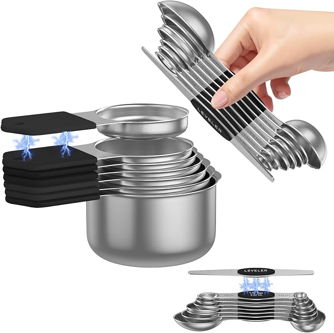 Magnetic Measuring Cups and Spoons Set – 304 Stainless Steel | Dual-sided Design | 15-Piece with Leveler | N52 Space-Saving Magnetic Nesting | Baking & Meal Prep | Kitchen Gift (Black)