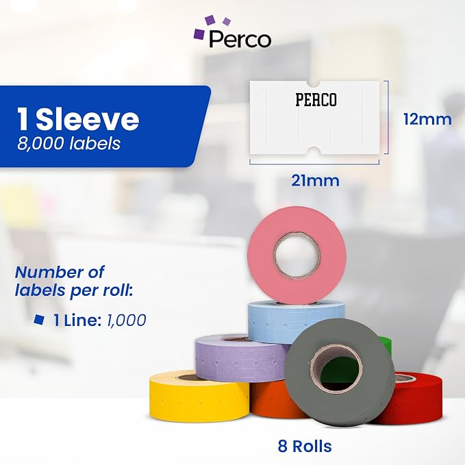 Custom Price and Date Labels - 8,000 Price Marking Labels for Perco Lite, X, Plus and Perco Pro 1 Line Guns - Choose Color, Font and Imprint - 8 Rolls, 1 Sleeve - Made in USA