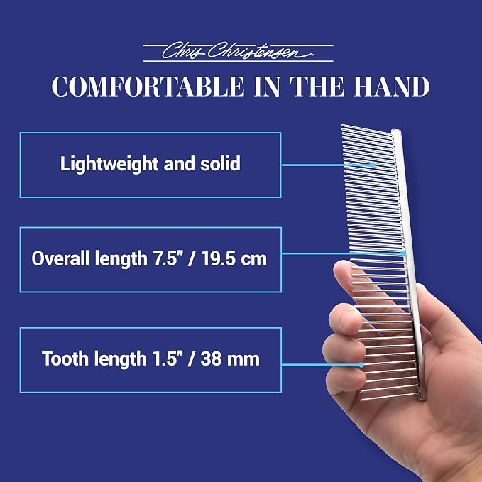 Chris Christensen 005 7.5 inch Fine/Coarse Long Tooth Greyhound-Style Butter Comb, Groom Like a Professional, Rounded Corners Prevent Friction and Breakage, Solid Brass Spin with Steel Teeth, Chrome