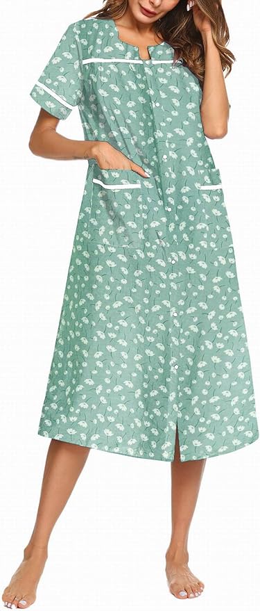 Ekouaer Womens Snap Front Dusters Cotton Housecoat Short Sleeve Nightgown House Dress With Pockets