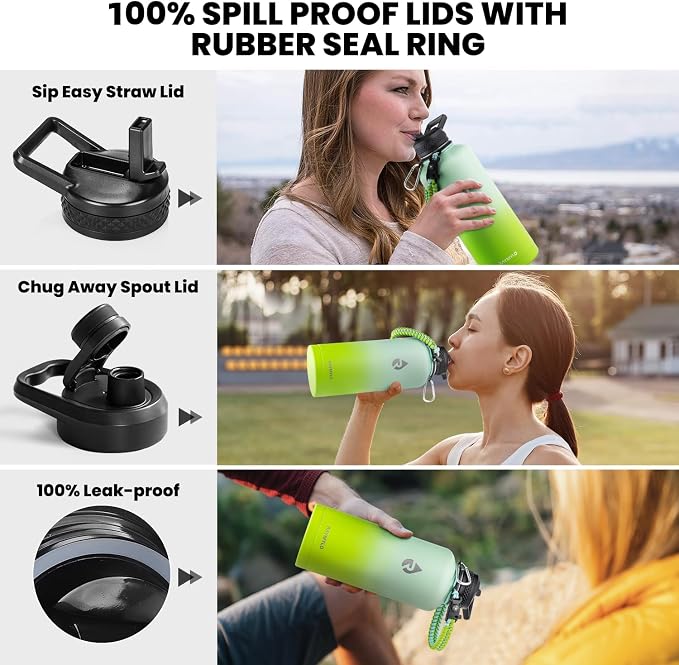 RAYMYLO Insulated Water Bottle 87 oz, Triple Wall Vacuum Stainless Steel (Cold for 48 Hrs), Leak Proof & Non-BPA, Modern Water Flask Jug with Paracord Handle & Straw Spout Lids, Ombre Green