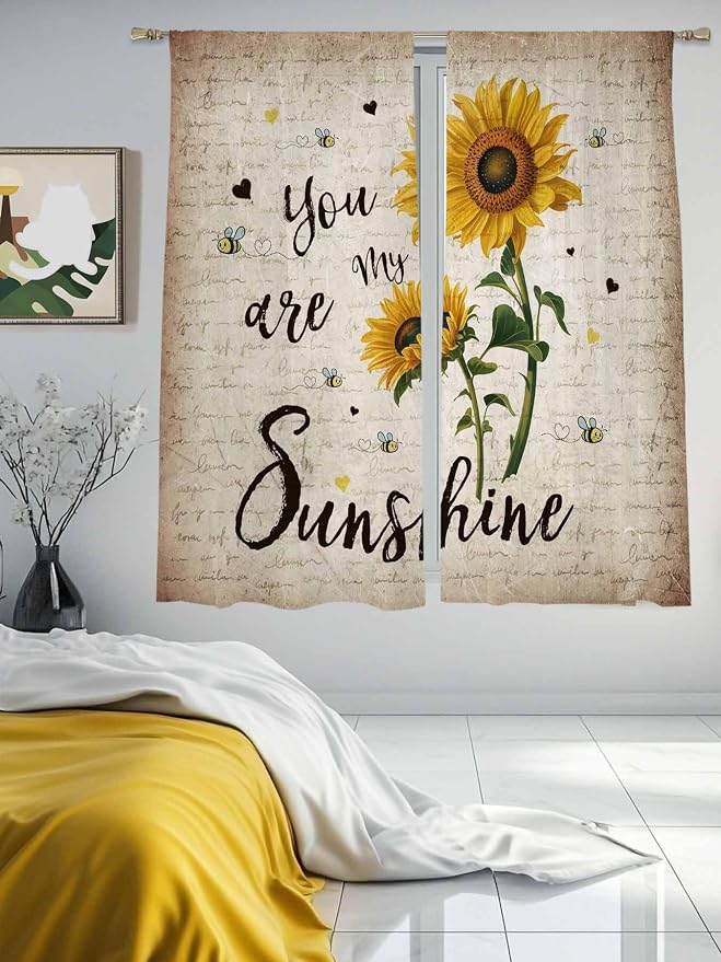 Sunflower Voile Sheer Curtain 63 Inch, Rod Pocket Rustic Yellow Floral Sheer Window Curtain Panels, Vintage Retro Beige Newspaper Letter Semi-Sheer Tulle Drape Chiffon Fabric for Bedroom Living Room