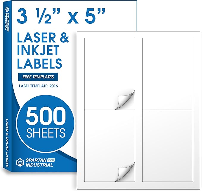 3.5" X 5" Matte White Printable Shipping Labels (500 Sheets, 2000 Stickers) Mailing and Address Labels, Product Packaging Stickers for Laser & Inkjet Printers - Spartan Industrial Template R016