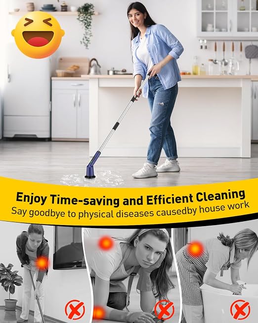 Shower Scrubber with Long Handle, Bathroom Cleaner Brush with 8 Brush Heads, Cordless Electric Spin Scrubber for Cleaning with 2 Speed, Cleaning Supplies for Bathtub Kitchen Floor Navy