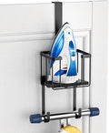 ORLESS Ironing Board Hanger Over Door & Wall Mount, Black | 2 in 1 Heavy Duty Iron Board Holder with Storage Basket, Fits T/Y Boards, Laundry Room Space Saver