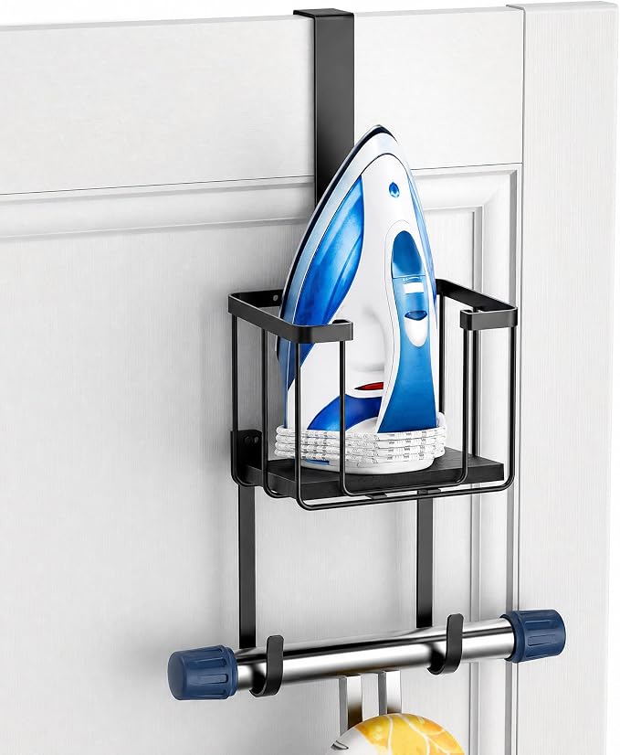ORLESS Ironing Board Hanger Over Door & Wall Mount, Black | 2 in 1 Heavy Duty Iron Board Holder with Storage Basket, Fits T/Y Boards, Laundry Room Space Saver