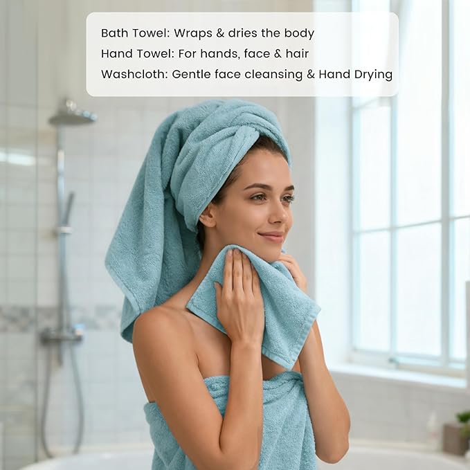 SEMAXE Bath Towel Set, 8 Piece Towel Set for Bathroom, Quick Dry Cotton Towels with Hanging Loops, Easy Care, Blue